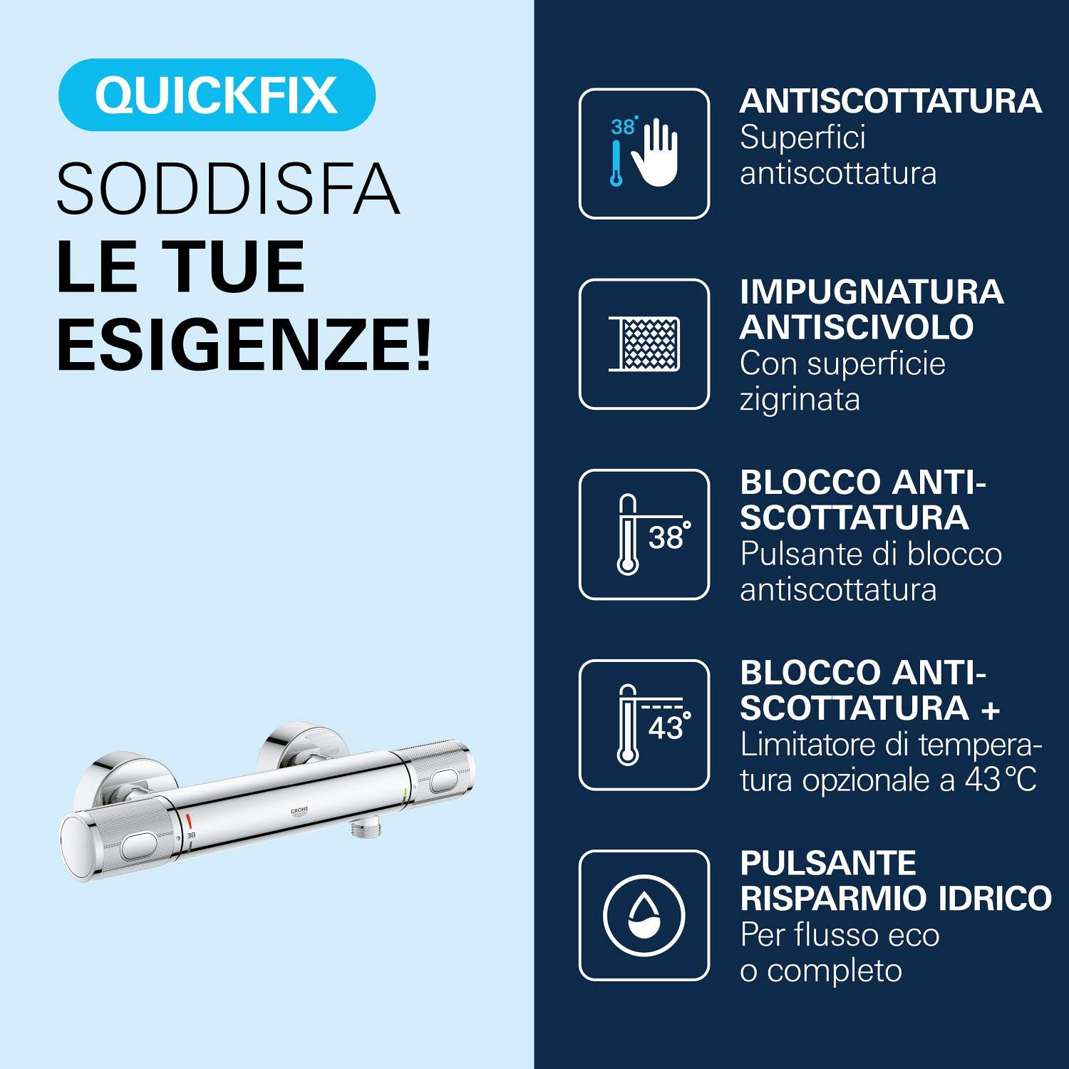 GROHE QUICKFIX, Precision Feel, Miscelatore termostatico per doccia, limitatore di portata GROHE EcoButton blocco sicurezza 38, Cromo, 34790000