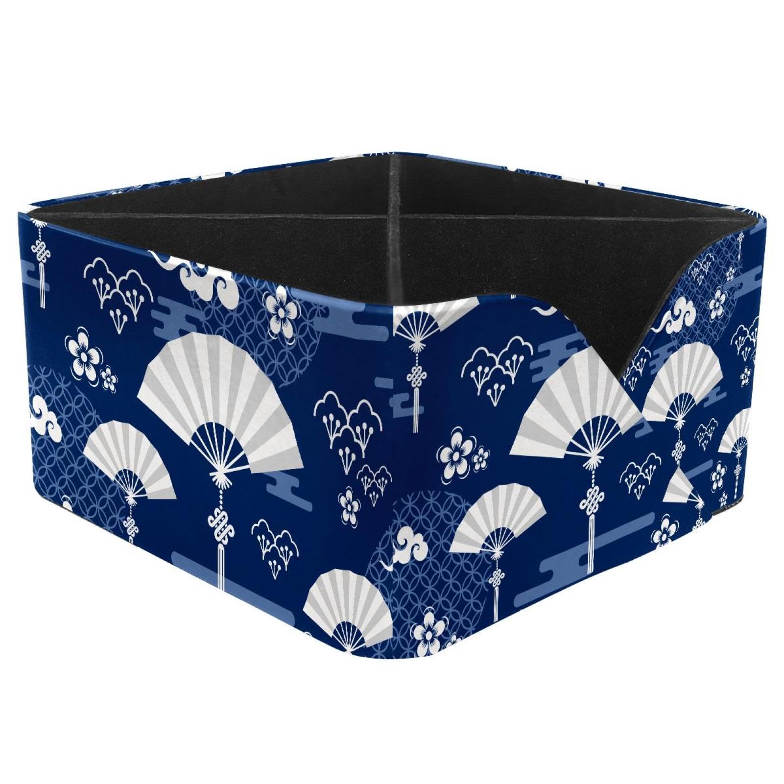 KengjuTesu Japanese Chinese FansAsian Flowers Cloud Pattern Desktop Organizer Pen Holder, Rectangular Pencil Cup for Office, Study and Makeup Stations