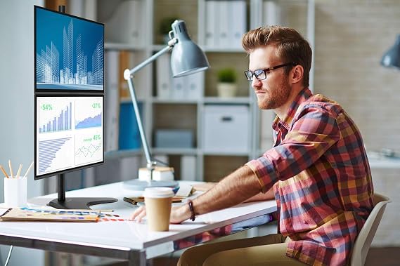 Mount-It! Vertical Dual Monitor Stand, Freestanding Stacked Monitor Mount for 2 Screens 1732, Height Adjustable, Tilt Swivel Rotate, Portrait or Landscape, Holds 17.6 lbs per Arm, No Desk Clamp Needed