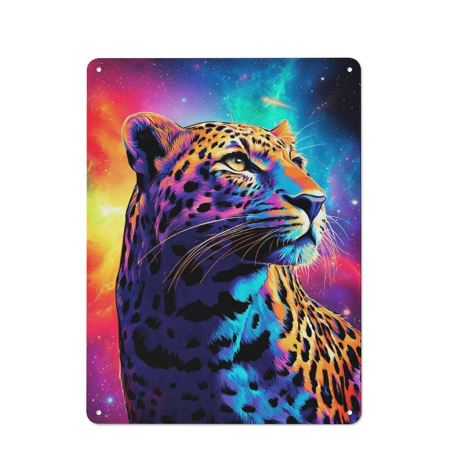 Junmoney Neon Leopard In Cosmic Space -1 Vintage-Inspired Tin Sign 40X30cm For Garage Or Workshop, For Vintage Wall Decor Fans, For Metal Sign Collectors