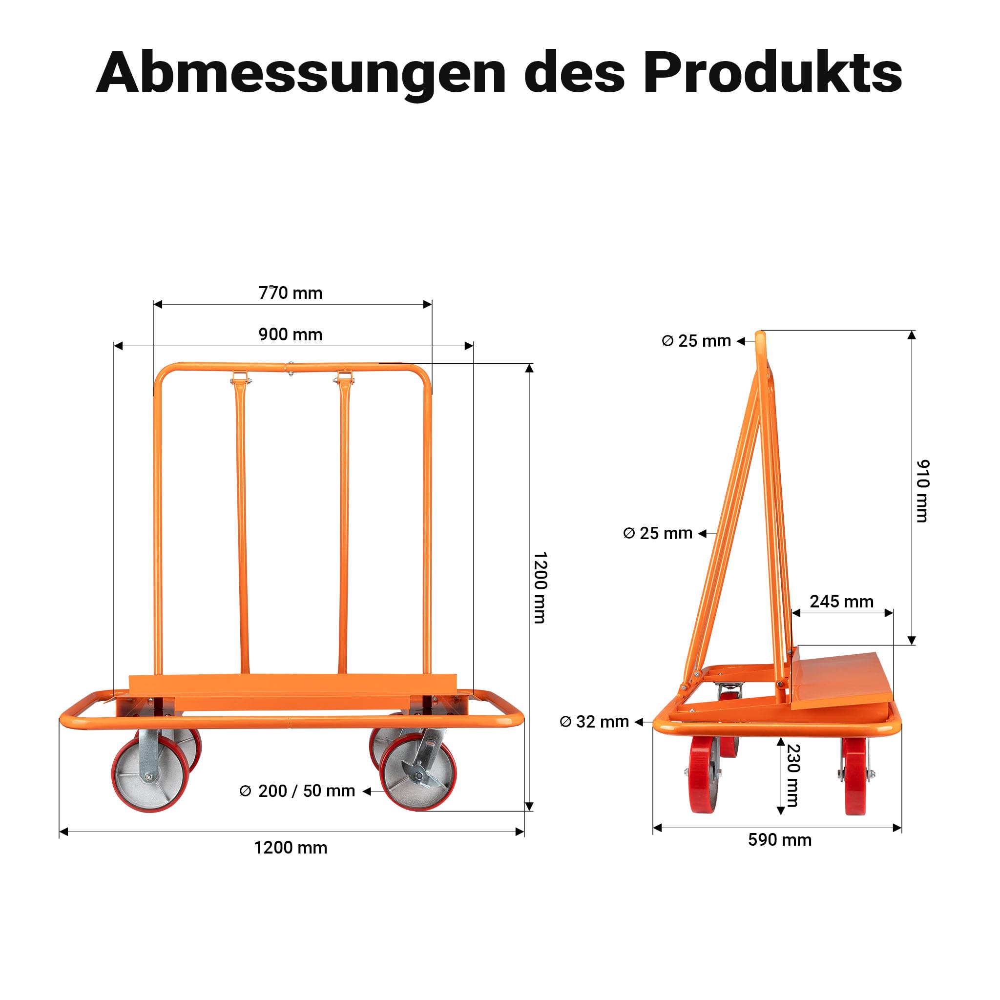Wiltec Plattenkarren bis 1500 kg, Plattentransportwagen 120 x 59 x 110 cm aus Stahl, Plattenwagen zum Transport von Trockenbauwänden, Holz- und Gipskartonplatten, Fenstern u.v.m.
