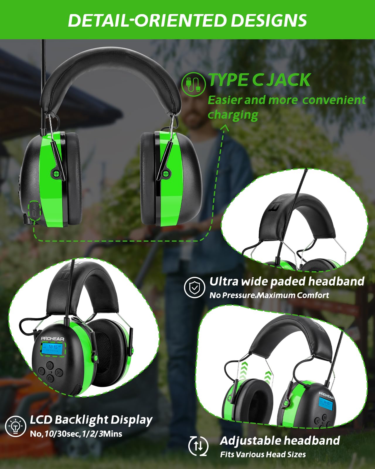 PROHEAR 033A (mejorado) Protección auditiva con radio DAB +/Bluetooth/FM, auriculares con radio con micrófono integrado y reducción de ruido, SNR 31dB con para cortar y taller, tala - verde