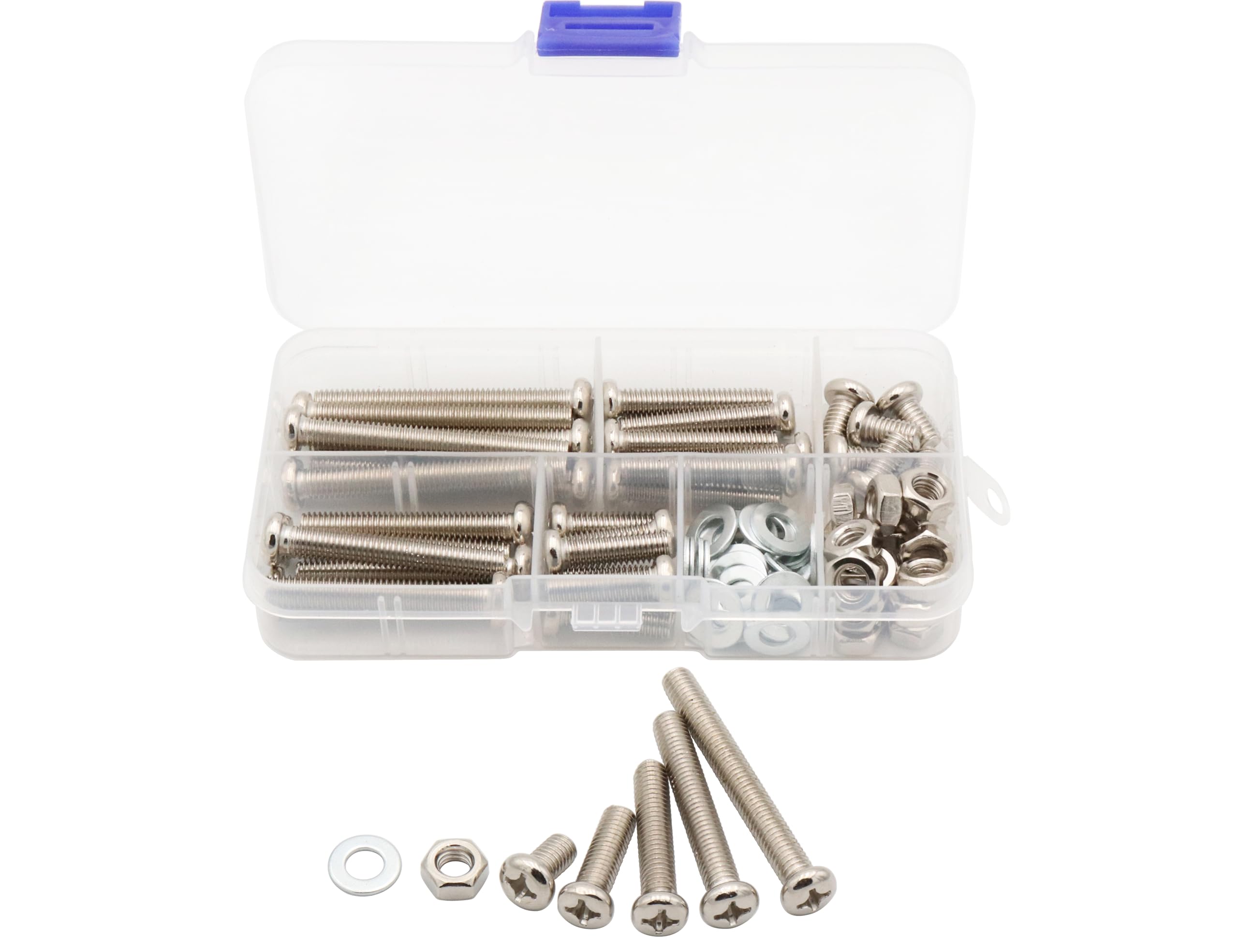 LBY 100pcs Machine Screws Assortment Kit, M6 Phillips Pan Head Bolts, 5 Sizes (with Nuts and Flat Washers), Carbon Steel (Nickel Plated), Silver