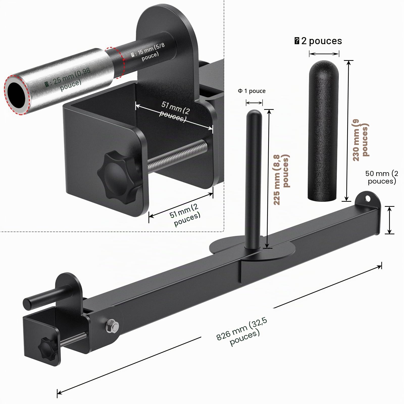 Kipika Bras de Levier de Squat pour Cages à Tube carré de 5,1 x 5,1 cm et 7,6 x 7,6 cm – Fixation de Mine terrestre pour entraînement de Force – Compatible avec Les disques de Poids de 2,5 cm et 5,1