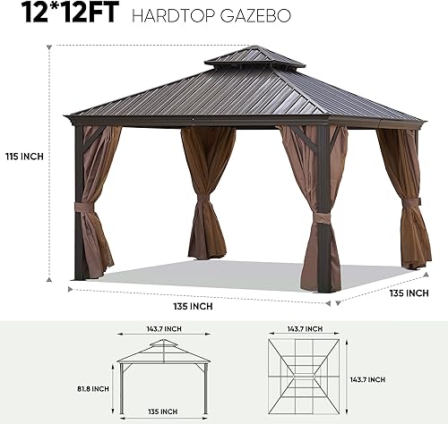 Miniatura 8 de Gazebo de 12 pies de 12 pies, glorieta de aluminio con toldo de acero, toldo permanente para exteriores para patio, jardín, patio trasero