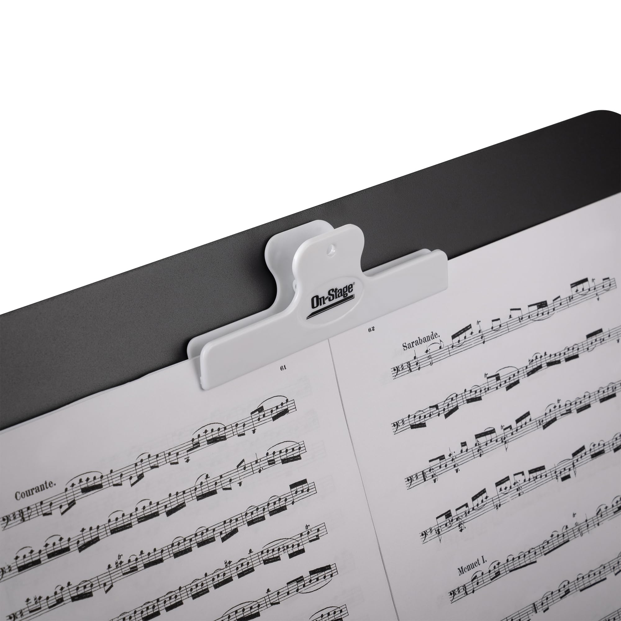 On-Stage Music Book Clip - Piano Accessories,Holds Books Open & Stabilizes Sheet Music, Scores on Music Stands, Spring Loaded, Hinged, Portable, Lightweight Plastic, Clamp, Black & White