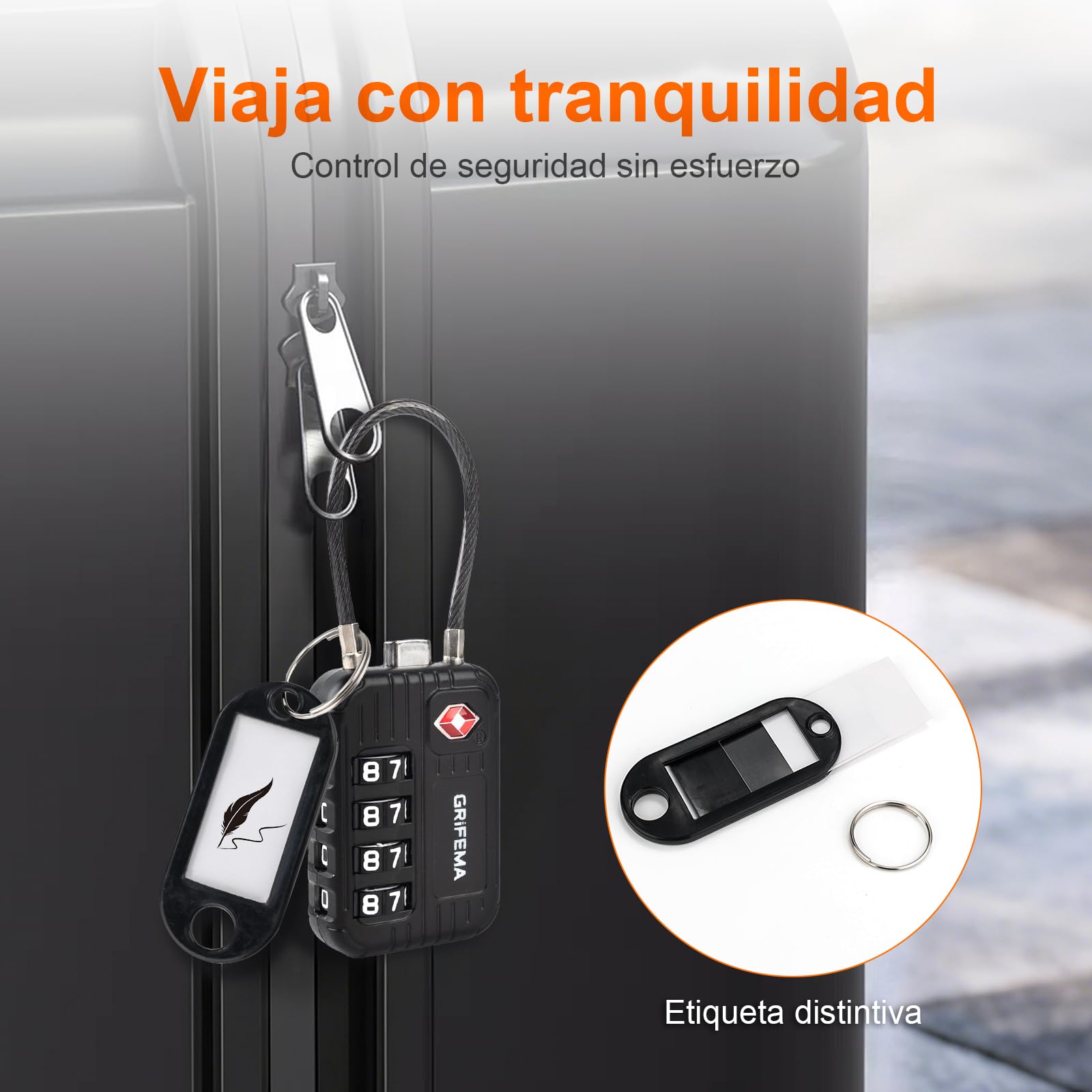 GRIFEMA Candado TSA con Combinación de 4 Dígitos, Cable Flexible para Maletas, Bolsos y Equipaje de Viaje, Negro (1 Unidad, GA1008) — view 3