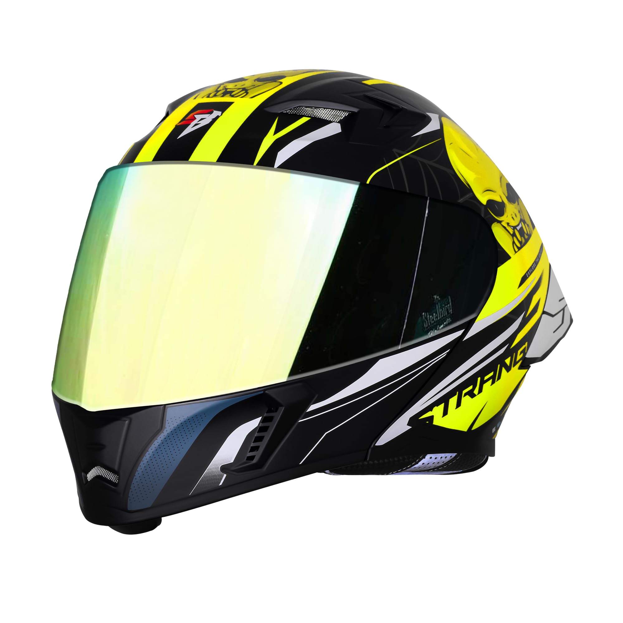 - Steelbird SBA-20 Strange ISI Certified Flip-Up Graphic Helmet for Men with Inner Silver Sunshield