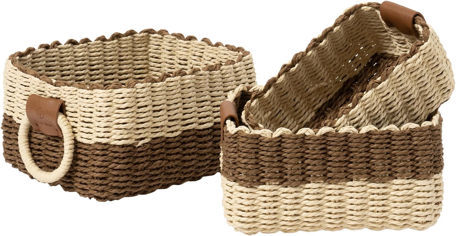 LA JOLIE MUSE Small Wicker Baskets for Organizing, Recycled Paper Rope Storage Basket Container Bins for Shelves Bathroom Cupboards Drawer, Decorative Square Basket Organizer Set of 3, Beige and Brown