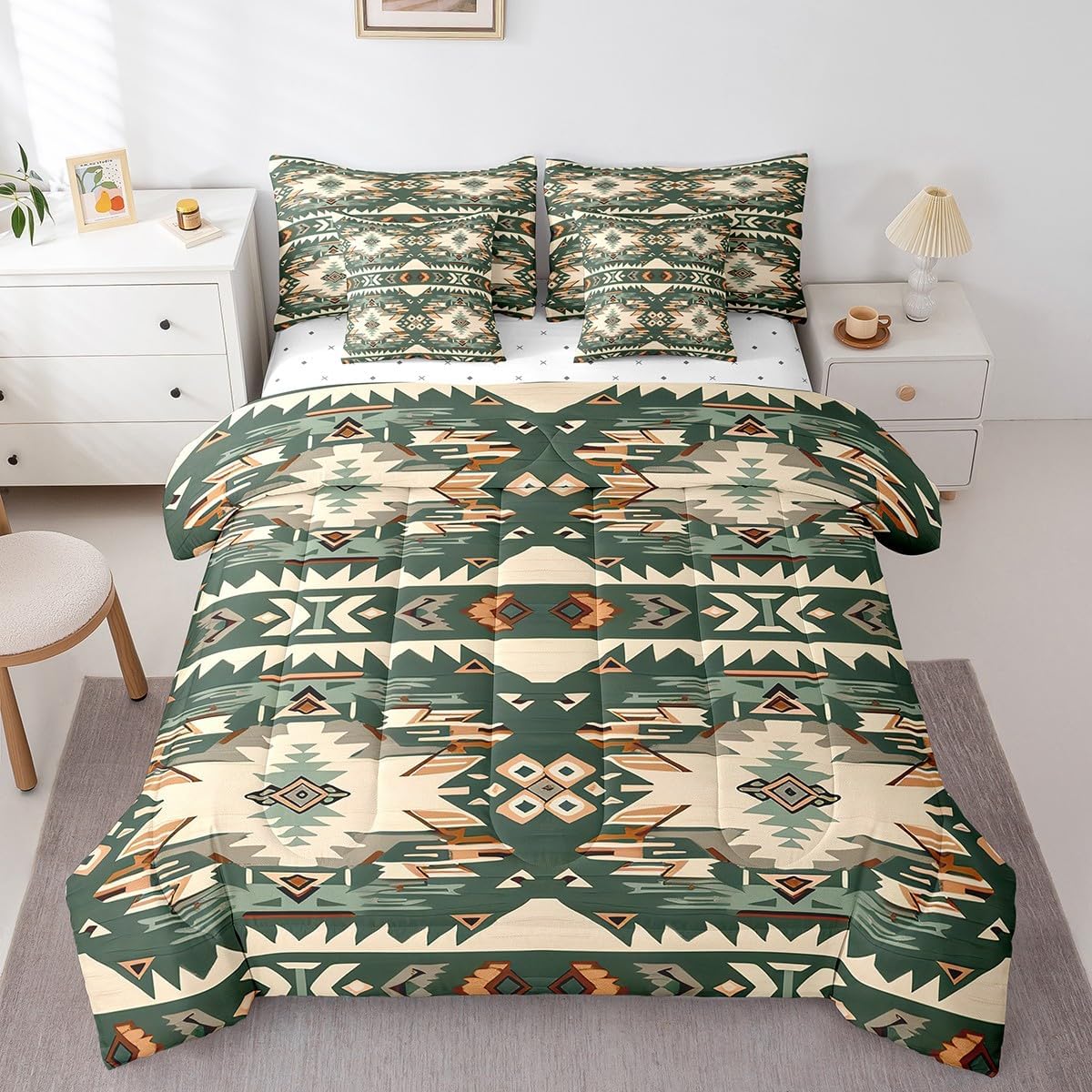 Feelyou Green Southwestern Bedding Set Twin Geometric Comforter Set 7 Pieces Tribal Native American Indian Design Vinatge Bed in a Bag Exotic Stripe Line Bed Set with Comforter Sheet Set Pillowcases