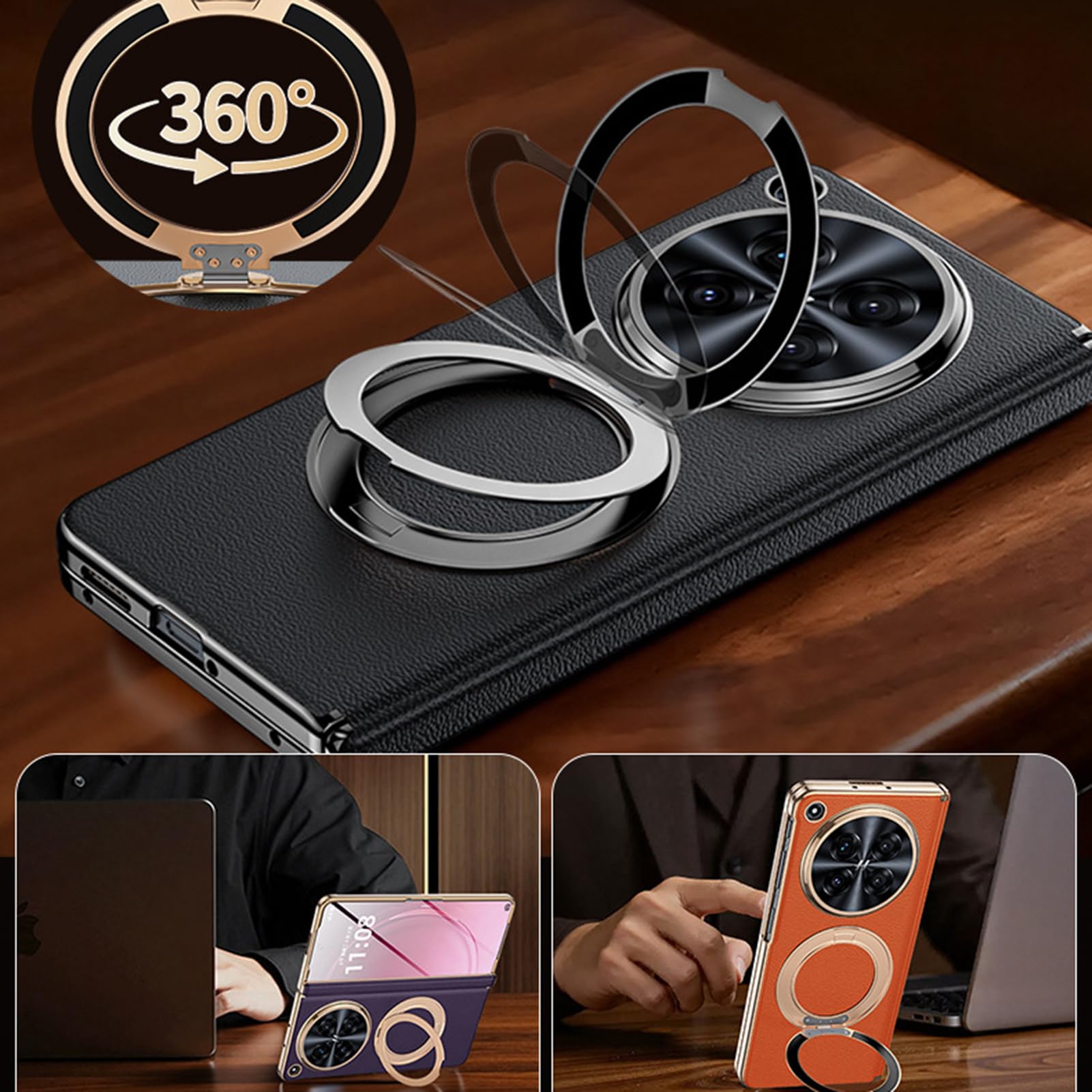 Etui z prawdziwej skóry do Oppo Find N6, ochrona ekranu ochrona ekranu powłoka pierścień etui zawias luksusowa pełna osłona, czarny, N6