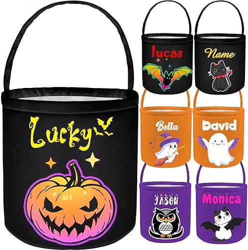 STREADVE Cesta de Halloween personalizada para niños, cubo de dulce o truco, bolsas de Halloween, bolsa de dulces personalizada con nombre, regalo