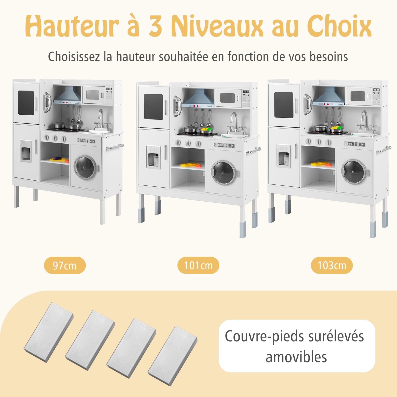 COSTWAY Cuisine Enfants avec 16 Accessoires & 3 Hauteur Réglable, Jeu de Cuisine avec Sons et Lumières, Machine à Glaçons & Téléphone, Jouet d'Imitation pour Tout-Petits de 3 Ans+ (Blanc)