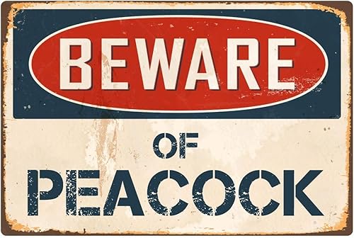 Letrero retro vintage de vinilo VS319 con texto en inglés "Beware of Peacock" de 8 x 5 pulgadas