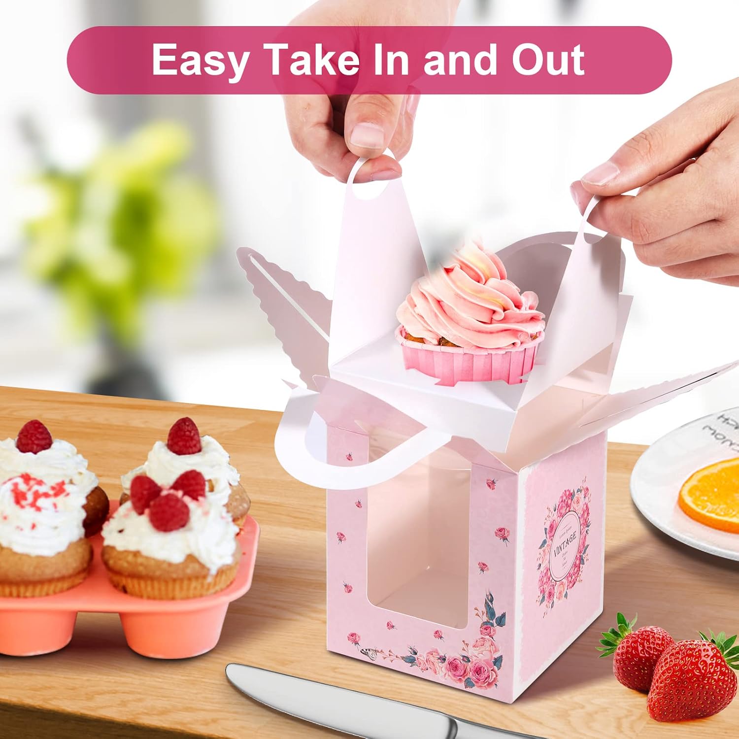 25 Pcs Single Cupcake Boxes, Individual Cake Boxes with Window, Cupcake Carrier with Inserts, Bakery Boxes with Handle, for Baby Showers, Weddings, Birthday Parties