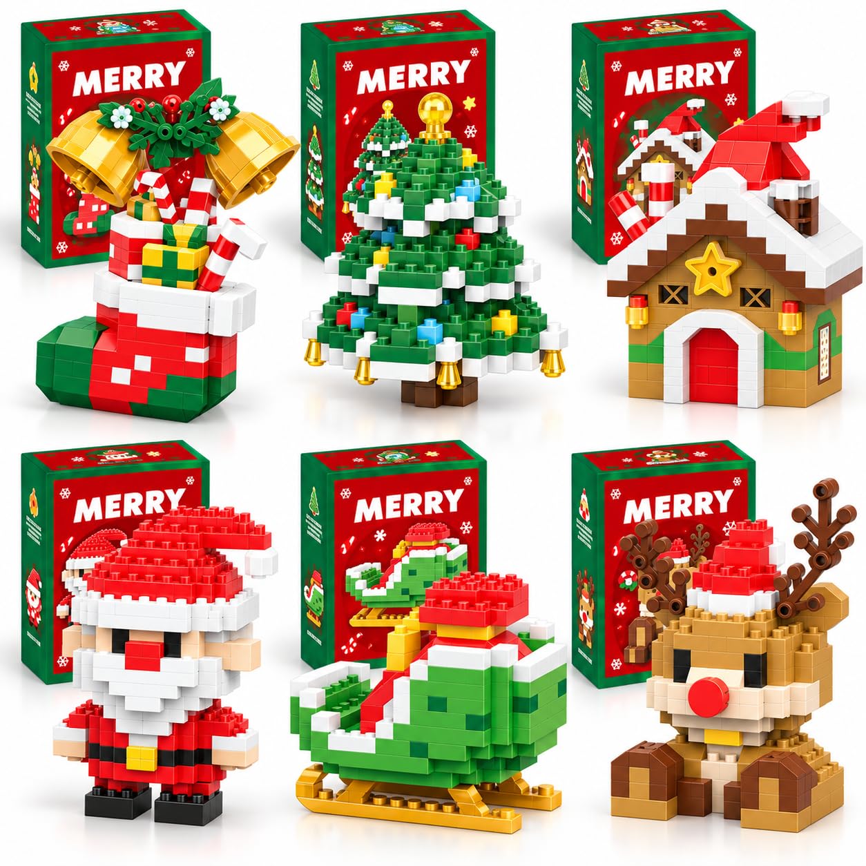 DONGTATA 6-Pack Box Christmas Building Blocks Set Mini Christmas Building Kit Santa Claus Reindeer Christmas Tree House Bell Stocking Sleigh Christmas Decorations Gift for Boys Girls Adults