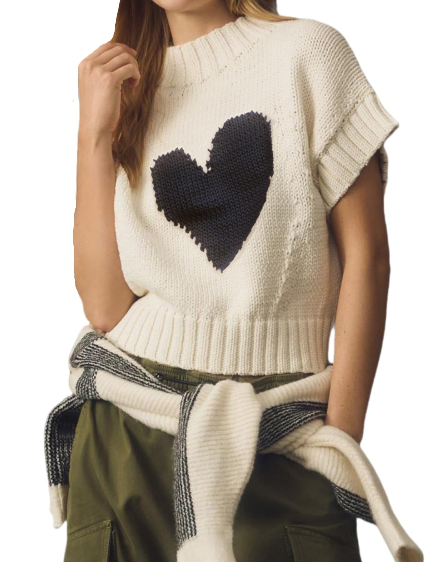 Womens Heart Short Sleeve Sweaters Pullover Shirt Tops Crew Neck Lightweight Ribbed Knit Sweater Blouses