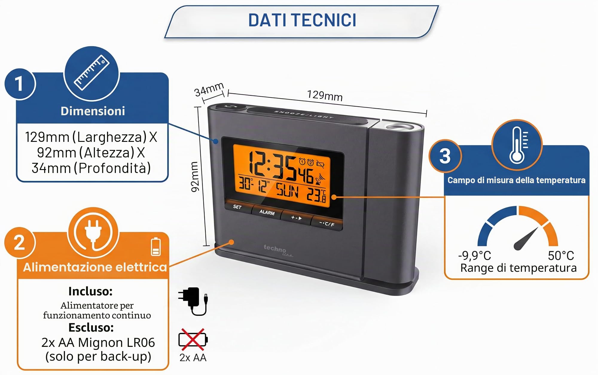 techno line WT 519 Orologio Radio, Nero, 12.9x3.4x9.2 cm