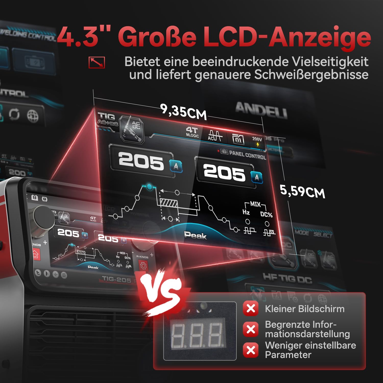 ANDELI 10-in-1 Aluminium TIG WIG schweißgerät AC DC, Fußpedal, 205A LCD, Puls Rechteck Sinus Trapezwelle, Kalt Punktschweißung, 230V, TIG-205 PRO