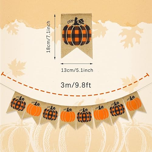 Miniatura 2 de Whaline Cartel de otoño de arpillera de calabaza naranja y negra premontada, guirnalda de banderines rústicos de otoño, cosecha, celebración,