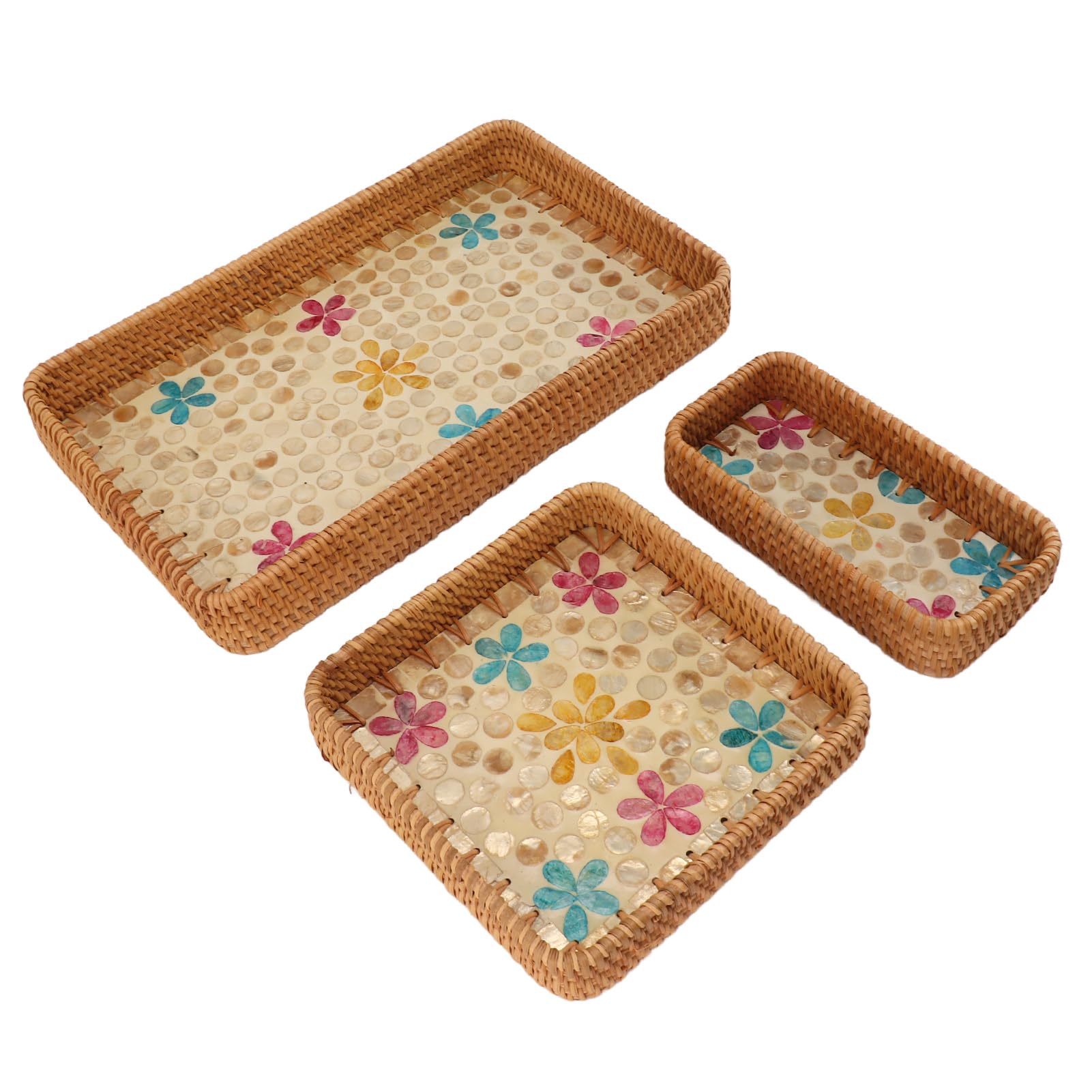 3 Unidades de Bandeja de Fruta de ratán, Juego de bandejas de Almacenamiento de ratán rectangulares, Bandeja de Servicio Multiusos Tejida a Mano para el hogar y el Restaurante, (Florete Colorido)