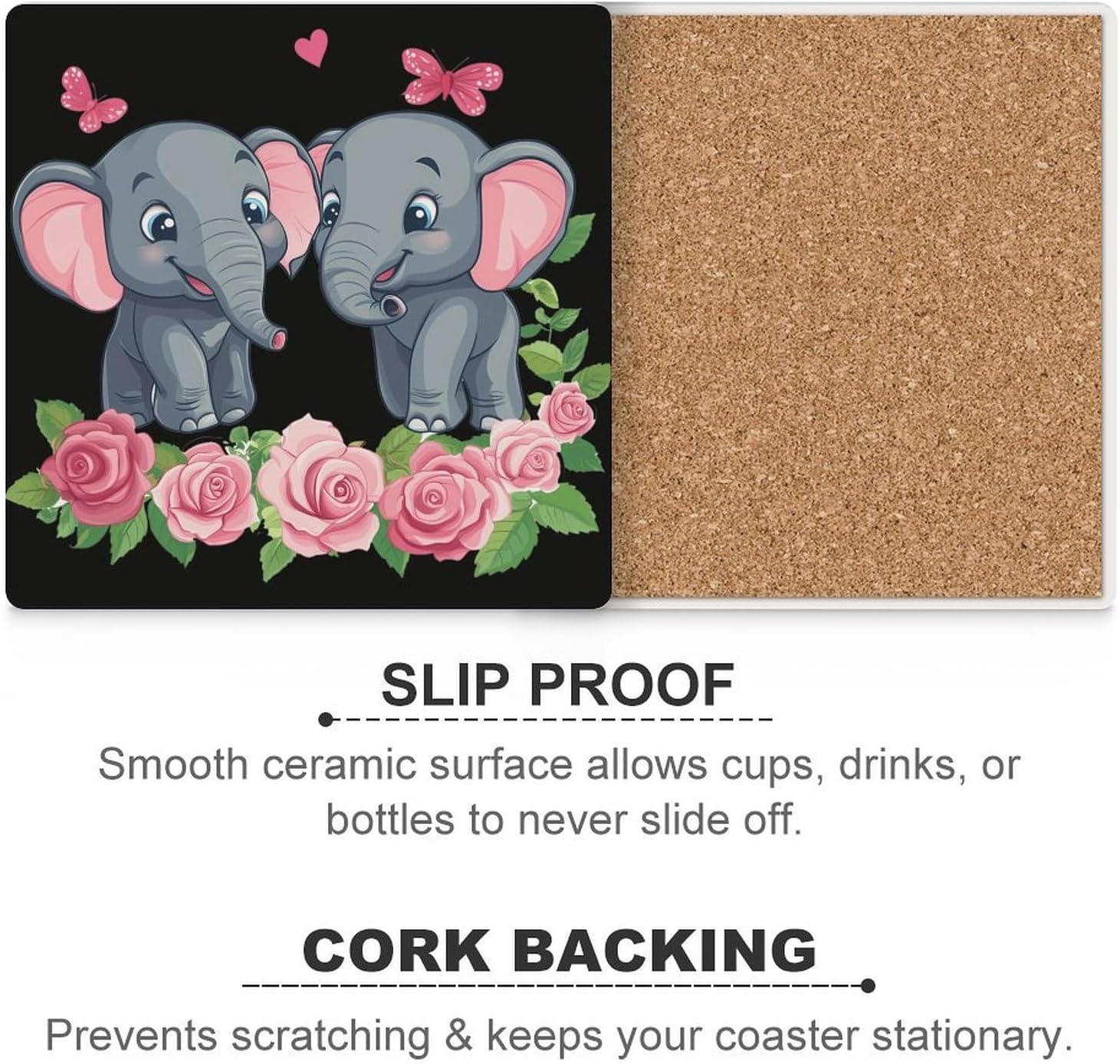 Elephant Ceramic Coasters Set Square Drink Coasters Table Coaster for Kitchen Desktop Decor