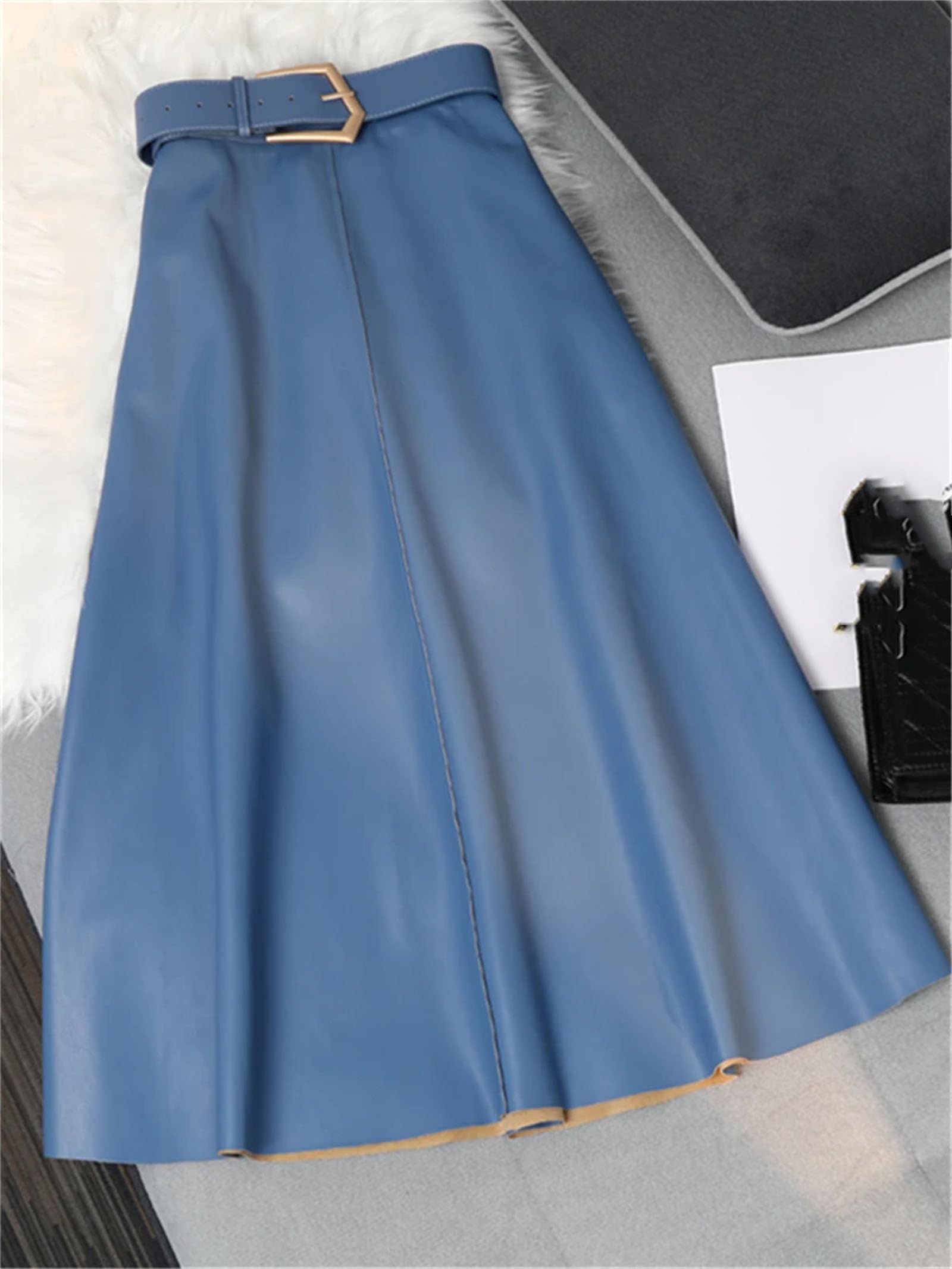 Donne Inverno Classico Faux PU Pelle Gonne Lunghe con Cintura Vita Alta Midi Gonne Femminili