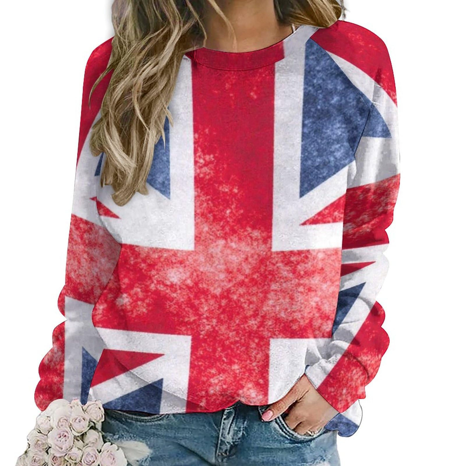 Qjjinxior Casual Ladies Jumper, Vintage Union Jack British Flag Sweatshirts for Women, Crewneck Long Sleeve Top