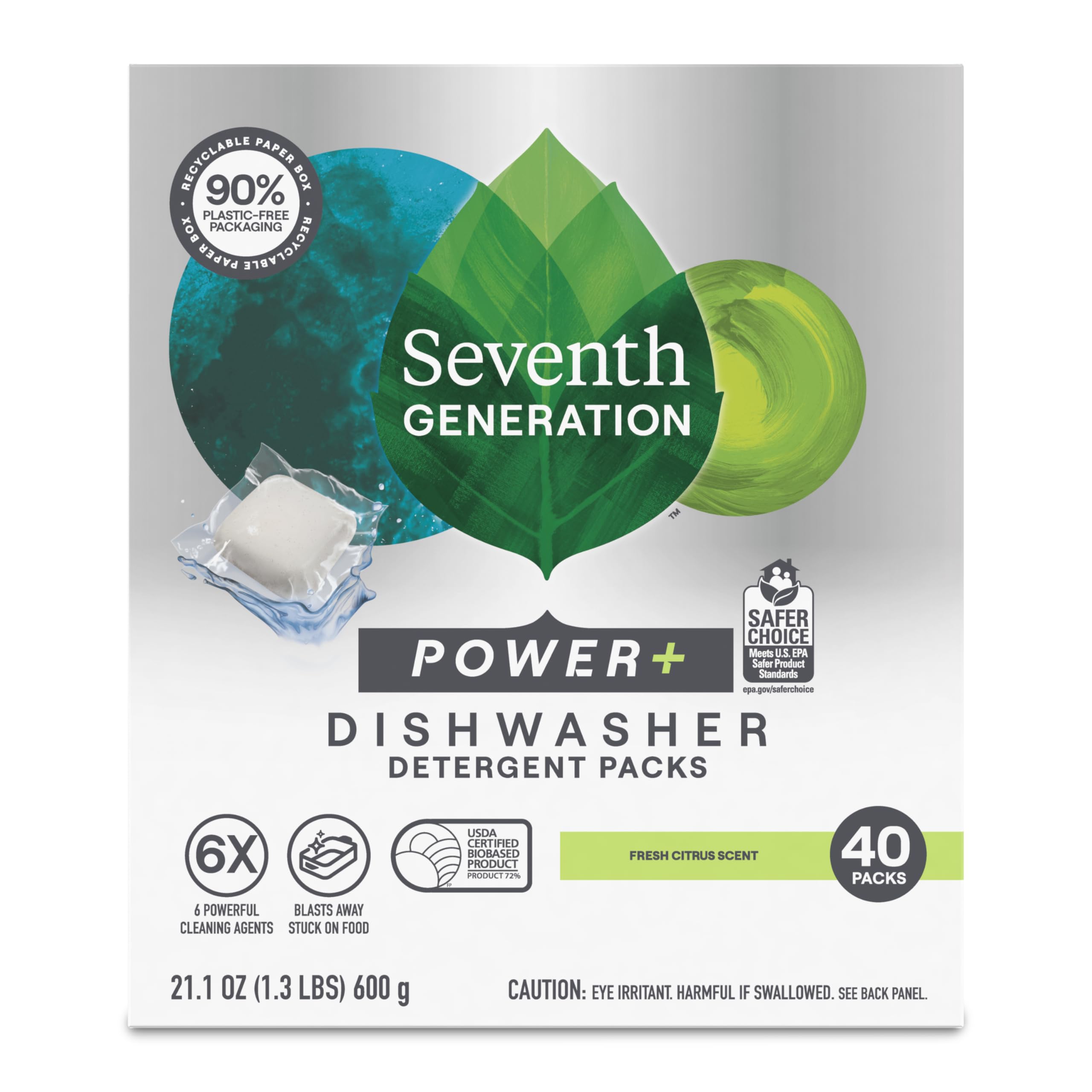 Seventh Generation, Power+ - Paquetes de detergente para lavavajillas, cítricos frescos, 40 paquetes, 21.1 oz (600 g)