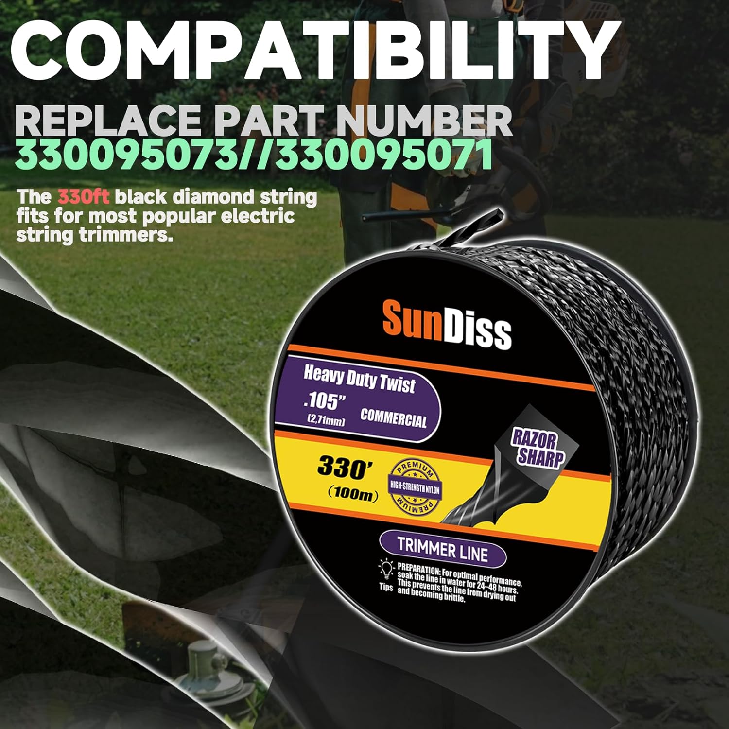 330ft 0.105" Trimmer Line Cutting String Replacement for Echo Black Diamond Trimmer Line 330095073/330095071, Fits for Medium to Heavy Grass and Weeds, with Built-in Line Cutter