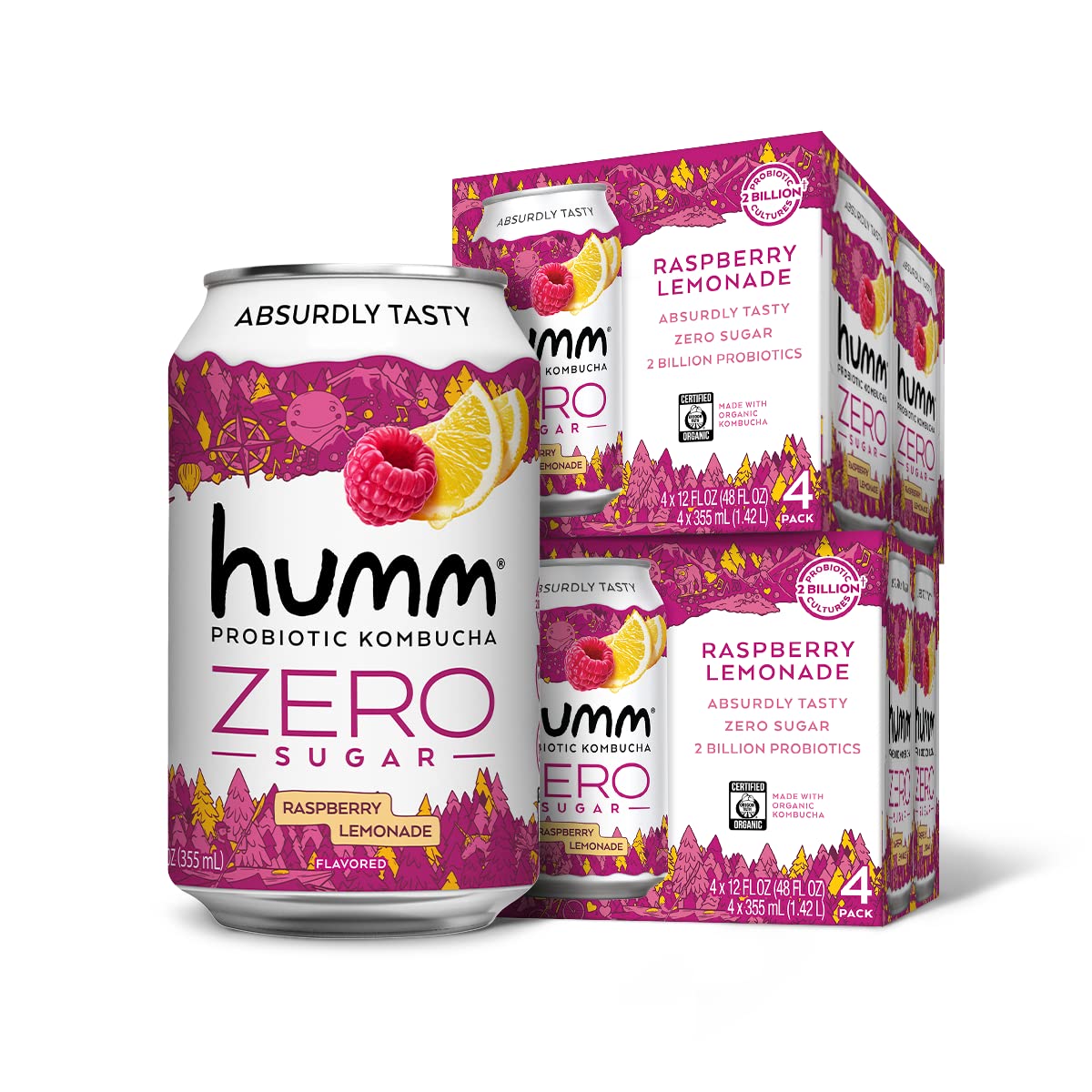 Humm Probiotic Kombucha Zero Sugar Raspberry Lemonade - No Refrigeration Needed, Keto-Friendly, Organic, Vegan, Gluten-Free - 12oz Cans (4 Pack)