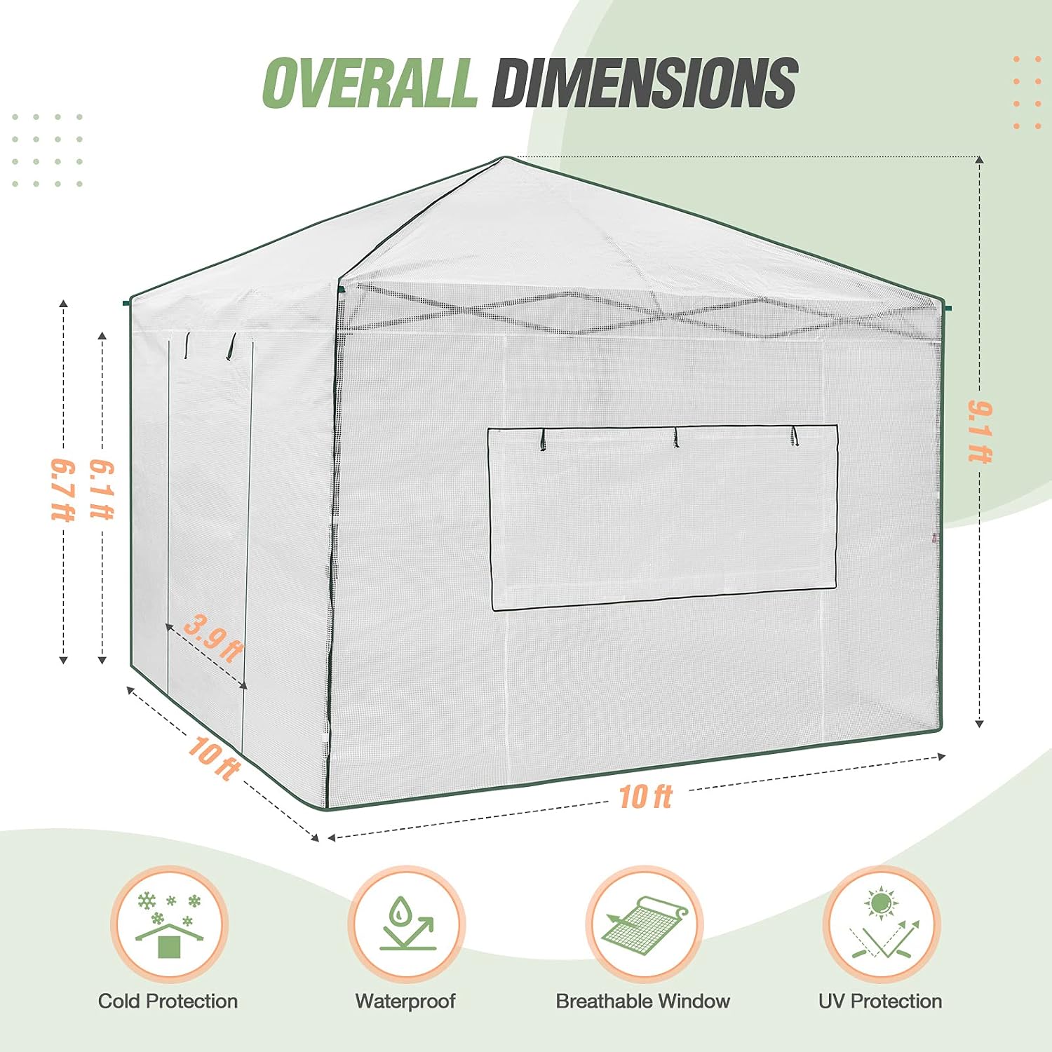 EAGLE PEAK 10x10 Portable Walk-in Greenhouse Instant Pop-up Easy Setup Indoor Outdoor Plant Gardening Green House, Front and Rear Roll-Up Zipper Entry Doors and 2 Large Roll-Up Side Windows, White