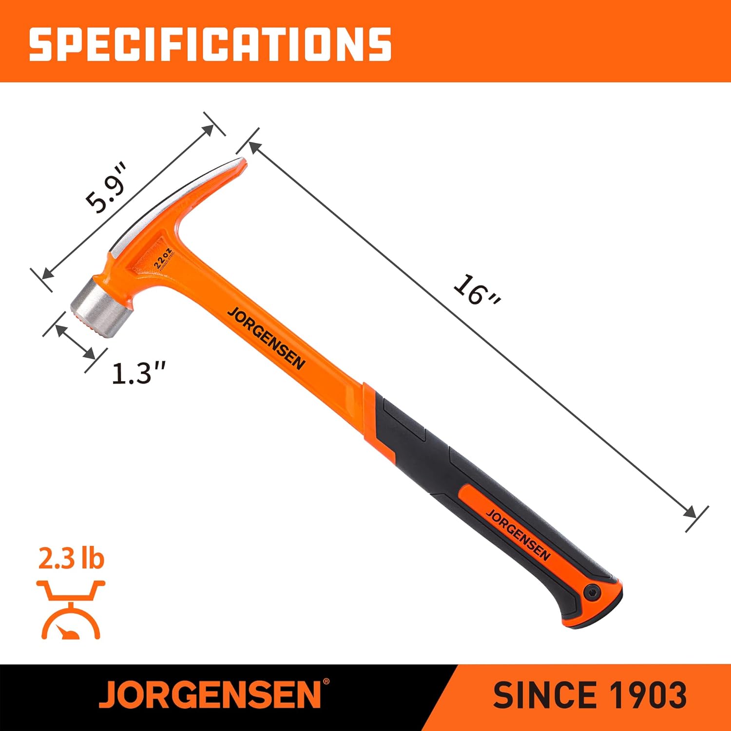 Jorgensen 22 oz Framing Hammer, Straight Claw Hammer with Magnetic Nail Holder, Rip Claw Hammer with Milled Face, Side Nail Puller, Shock Absorbing Grip, Heavy Duty One-piece Forged Hammer