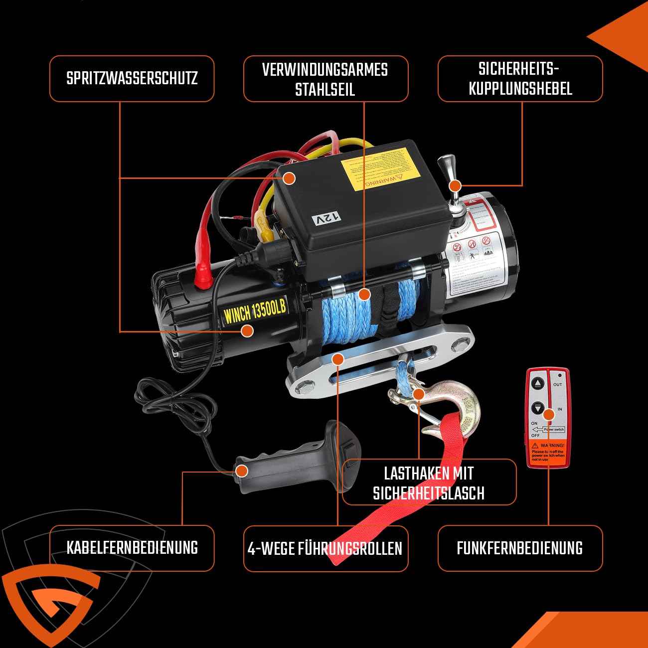 Elektrische Seilwinde 12V 6123 kg/13500lbs, Motorwinde 12V mit Dyneema-Seil, Funk & Kabel Fernbedienung, Wasserdichtem Steuergerät, Inkl. Seilfenster, IP67 für ATV, UTV, SUV, Boot, Anhänger