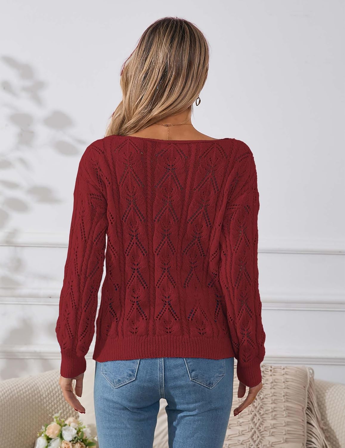 Womens Cute Sexy Off The Shoulder Crochet Knit Sweater Fall Winter 2025 Trendy Lightweight Boat Neck Pullover Top - Image 4