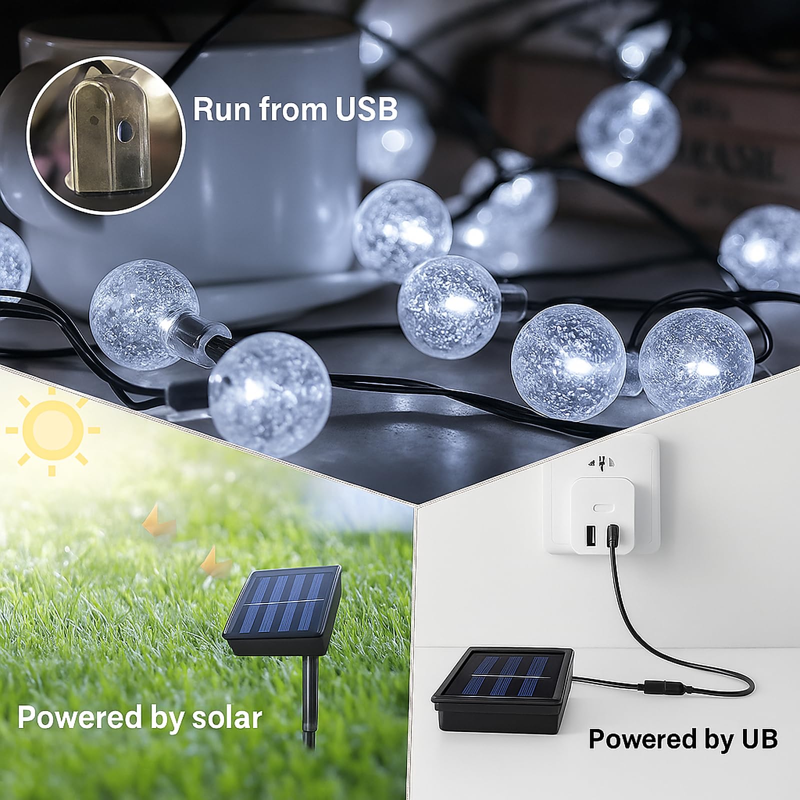 ANSGEC Catena Luminosa Esterno Solare, 8M 50 LEDs Luci USB Ricaricabile 8 Modalità, Impermeabile IP65 Natale per Giardino, Patio, Recinzione, Festa