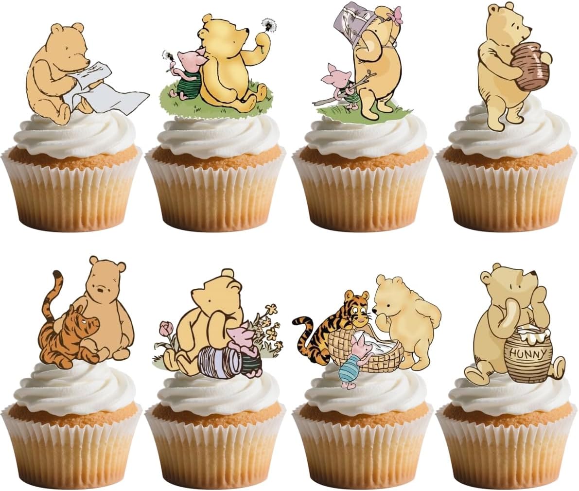 32PCS Classic Pooh Cupcake Toppers Party Supplies, First Birthday Cake Winnie Decor, Bear and Bee Themed Party Cake Topper
