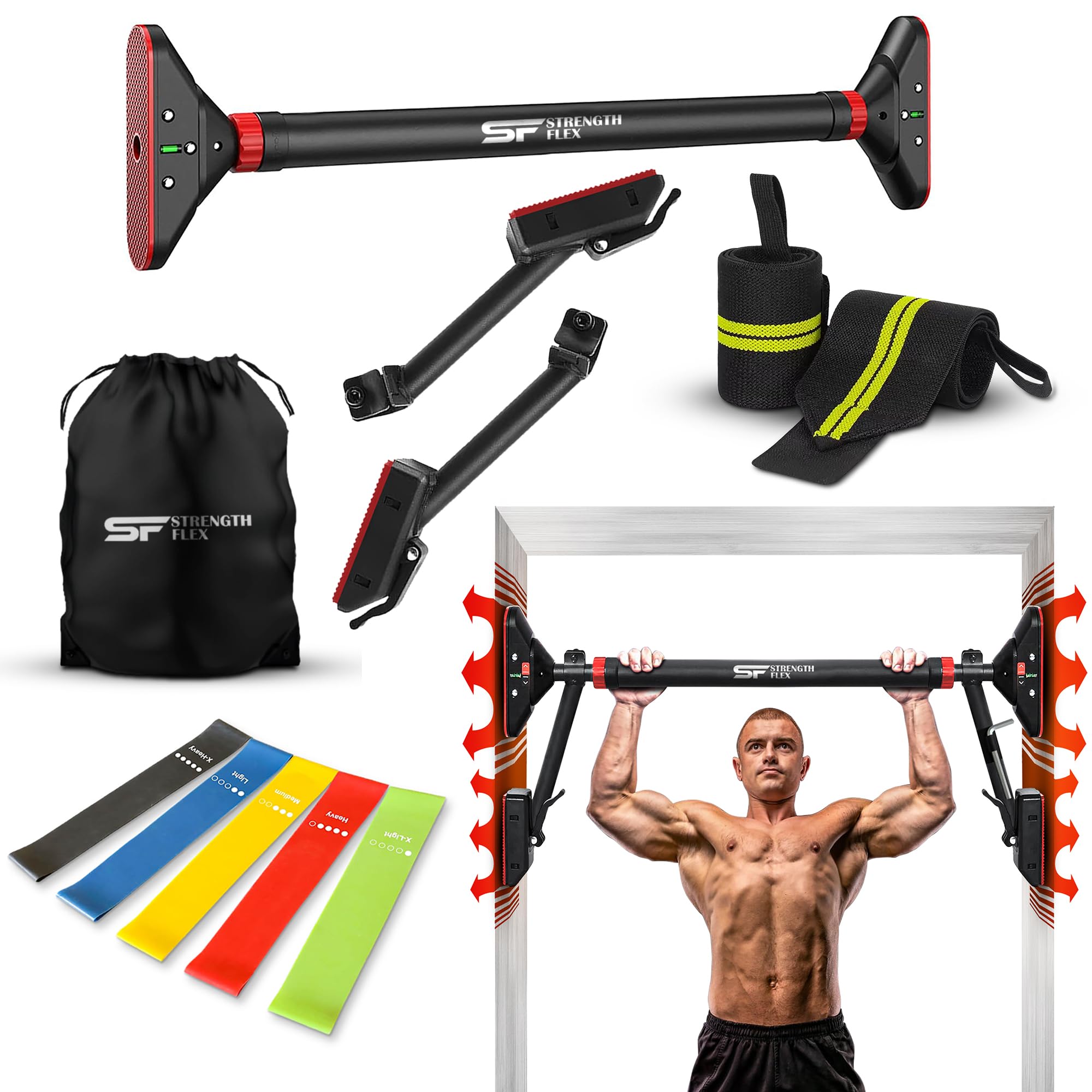 Pull Up Bar for Doorway With Resistance Bands & Wrist Wrap, Chin Up Bar for Home Gym Upper Body Workout & Exercise, 28.3"- 36.2" Adjustable Width Locking Mechanism, No Screw Installation