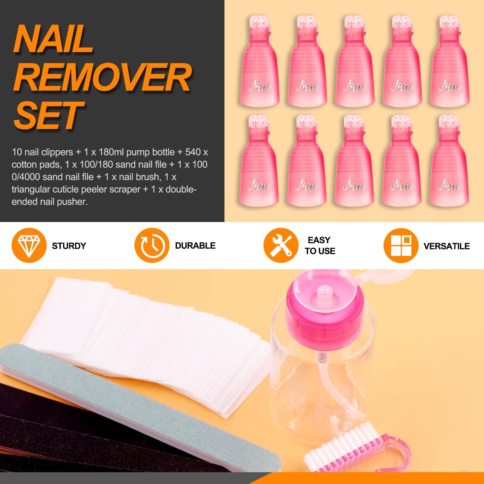 Rustark 17Pcs Gel Nail Remover Tools Kit Includes Purple Nail Remover Clips for Hands Nail Polish Remover Pump Bottle - Image 3
