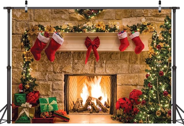 LYWYGG 7x5FT Christmas Backdrop Christmas Fireplace Backdrop Christmas Trees Backdrop Christmas Dinner Background Cloth Family Party Decorations Eve Fireplace Photography Background CP-282