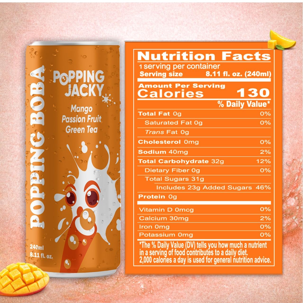 Popping Jacky Mango Passion Fruit Green Tea Drink with Popping Boba - Ready to Drink Bottled Bubble Tea with Boba Balls - Cold Refreshing Fruit Tea (Pack of 24)