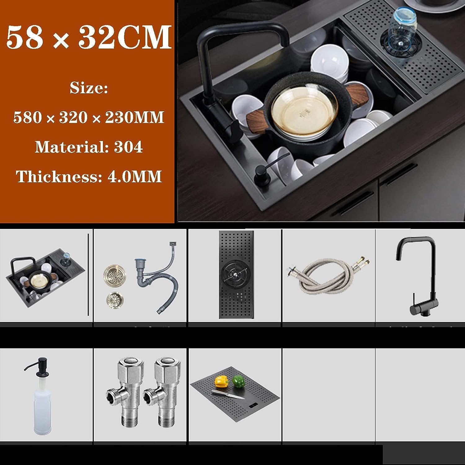Nano Black 23 Inch Hidden Kitchen/Bar/Cafe/RV/balcony 304 Stainless Steel Sink with Foldable Faucet and Glass Rinser Set (23 * 12.6 * 8.3 INCH), Large, Bar1-5832-Black
