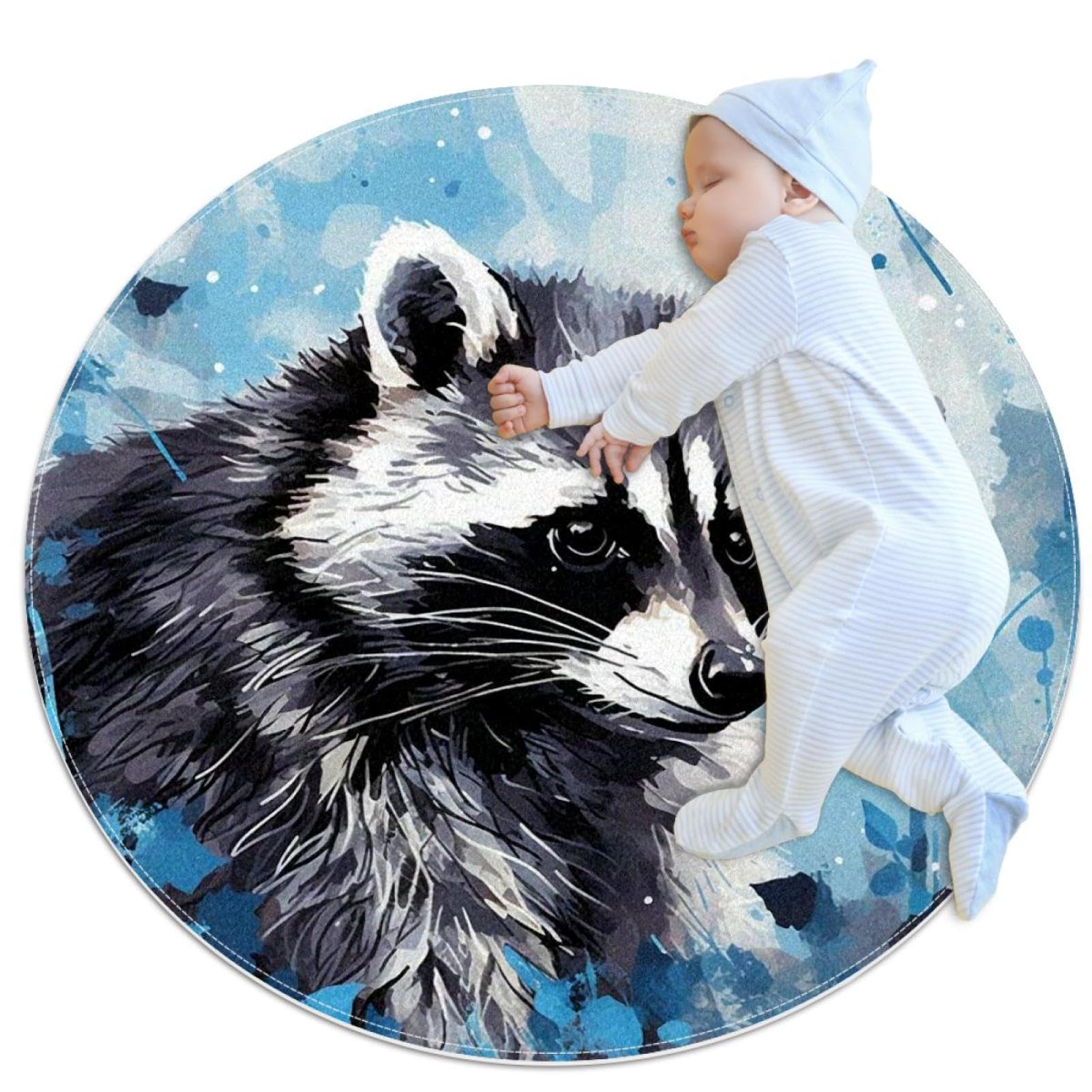 Tapis de bain raton laveur rond de 1m aquarelle et antidérapant