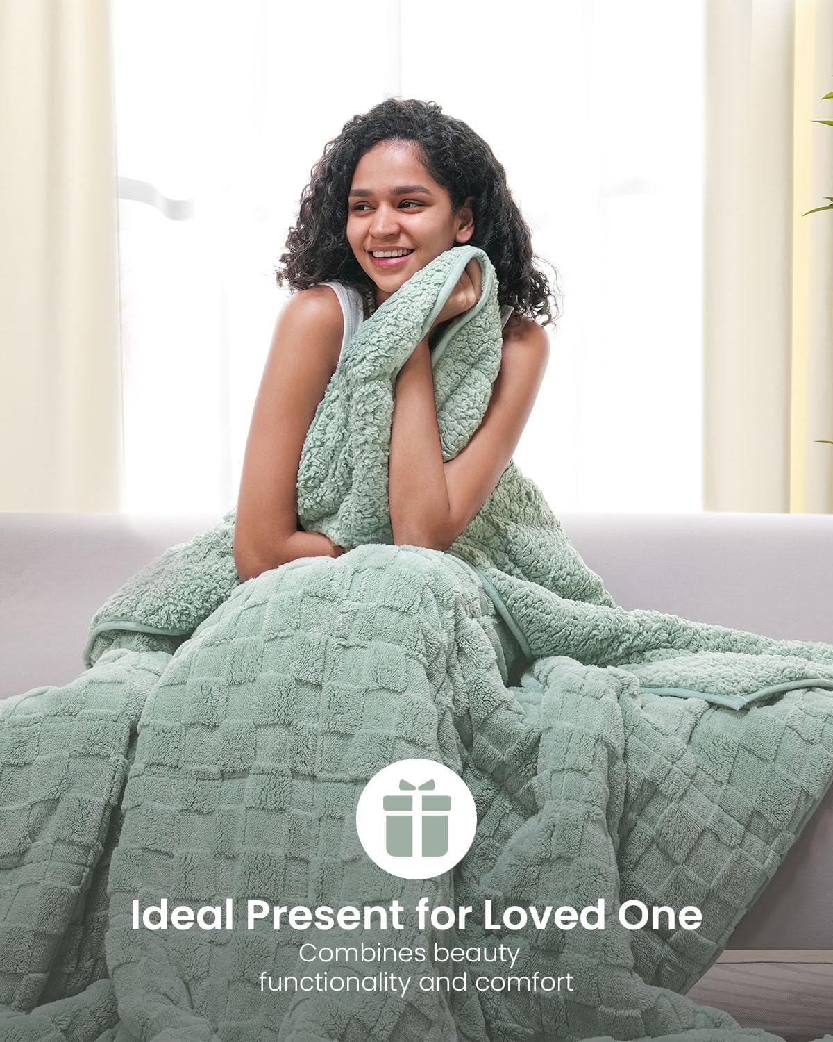 Drewin 15lbs Weighted Blanket Queen Size, Classy Soft Jacquard Checkered Sherpa Weighted Blankets for Sleep Natural and Calming, Cozy Fluffy Heavy Blanket for Sofa Bed, 60 x 80 inches, Sage Green