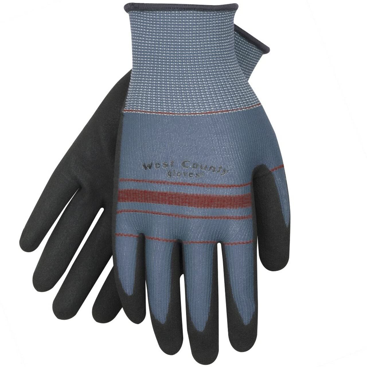 West County Gardener Gloves Nitrile Coated Knit Grip, Small, Slate/Crimson Stripe