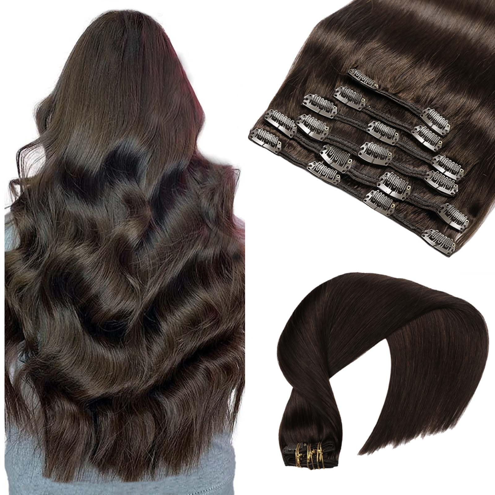 VINBAO Clip in Hair Extensions Real Human Hair Dark Brown Hair Extensions Clip ins Brown 14 Inch 100g Hair Extension for Women Silky Straight Invisible Human Hair Clip in Extensions 6pcs (#C2