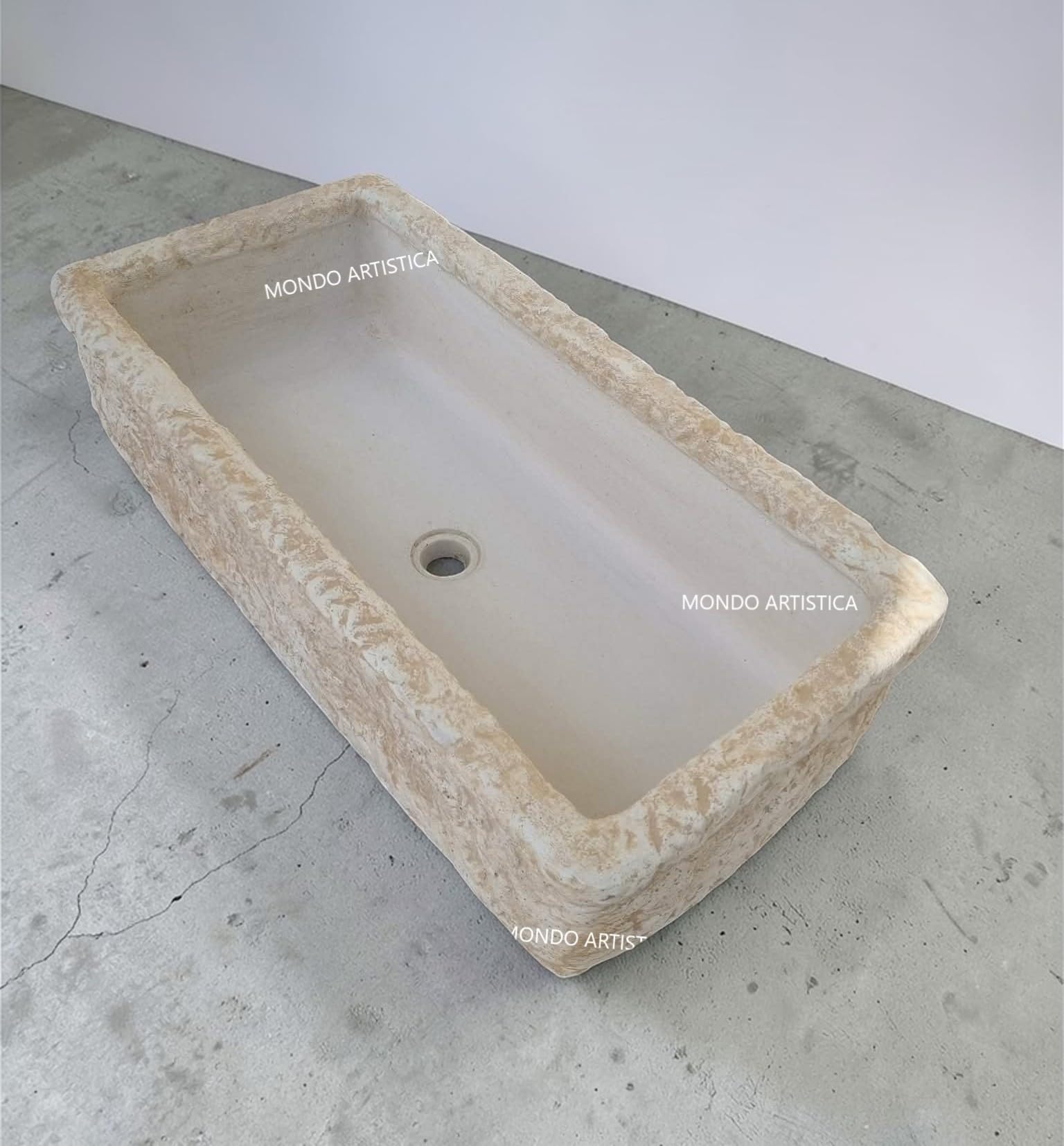 Lavandino, Lavabo, Pilozzo, Vasca Unica, Fontana Da Esterno, Per Giardino Altezza 22 cm, Larghezza 80x40 Cm, In Cemento Bianco E Polvere Di Marmo, Colore Sfumato Beige