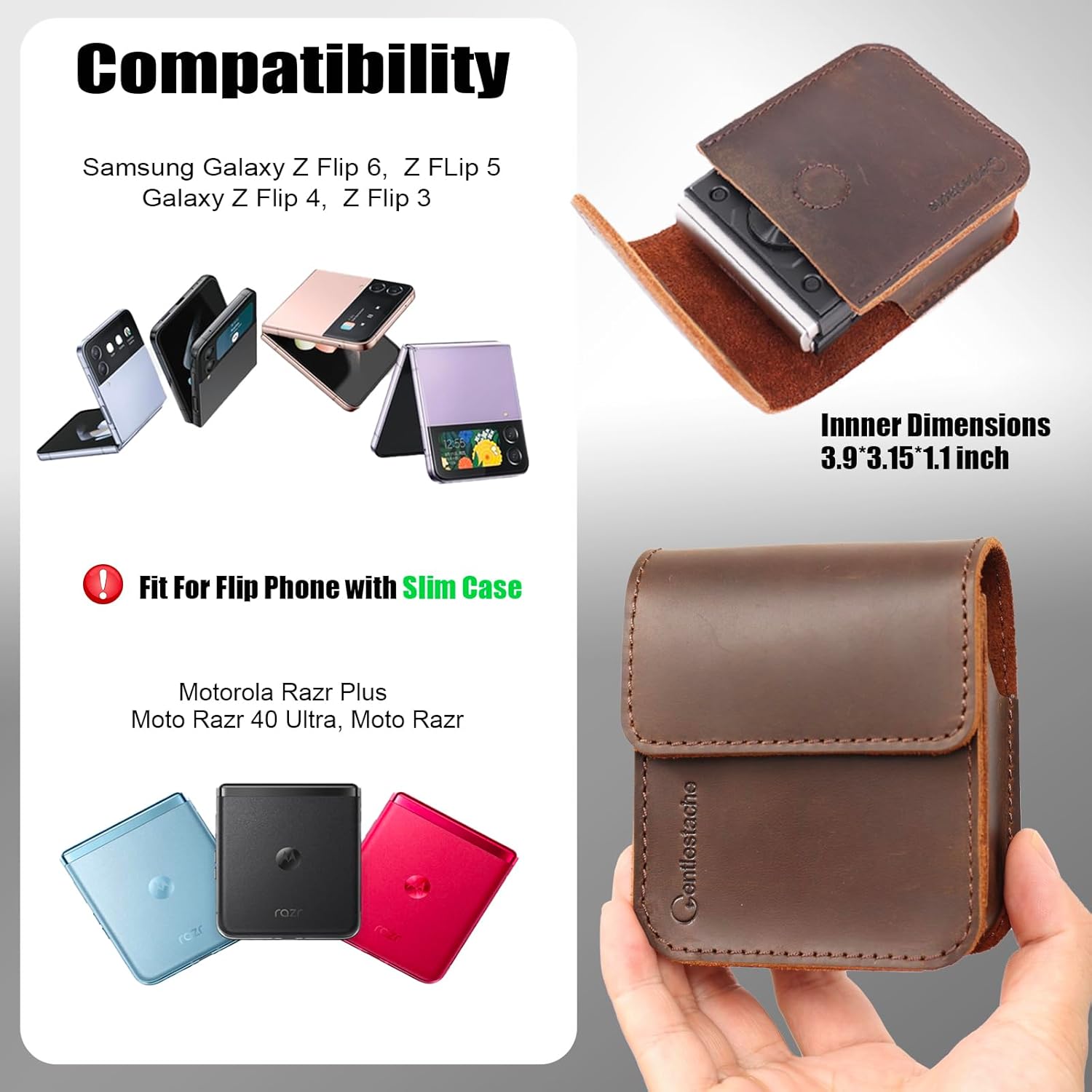 Gentlestache Leather Phone Holster for Galaxy Z Flip 7/6/5, Belt Clip Cell Phone Case for Motorola Razr 2025/2024, Magnetic Leather Belt Pouch for Motorola 50/60 Ultra, Razr 5G, Darkbrown