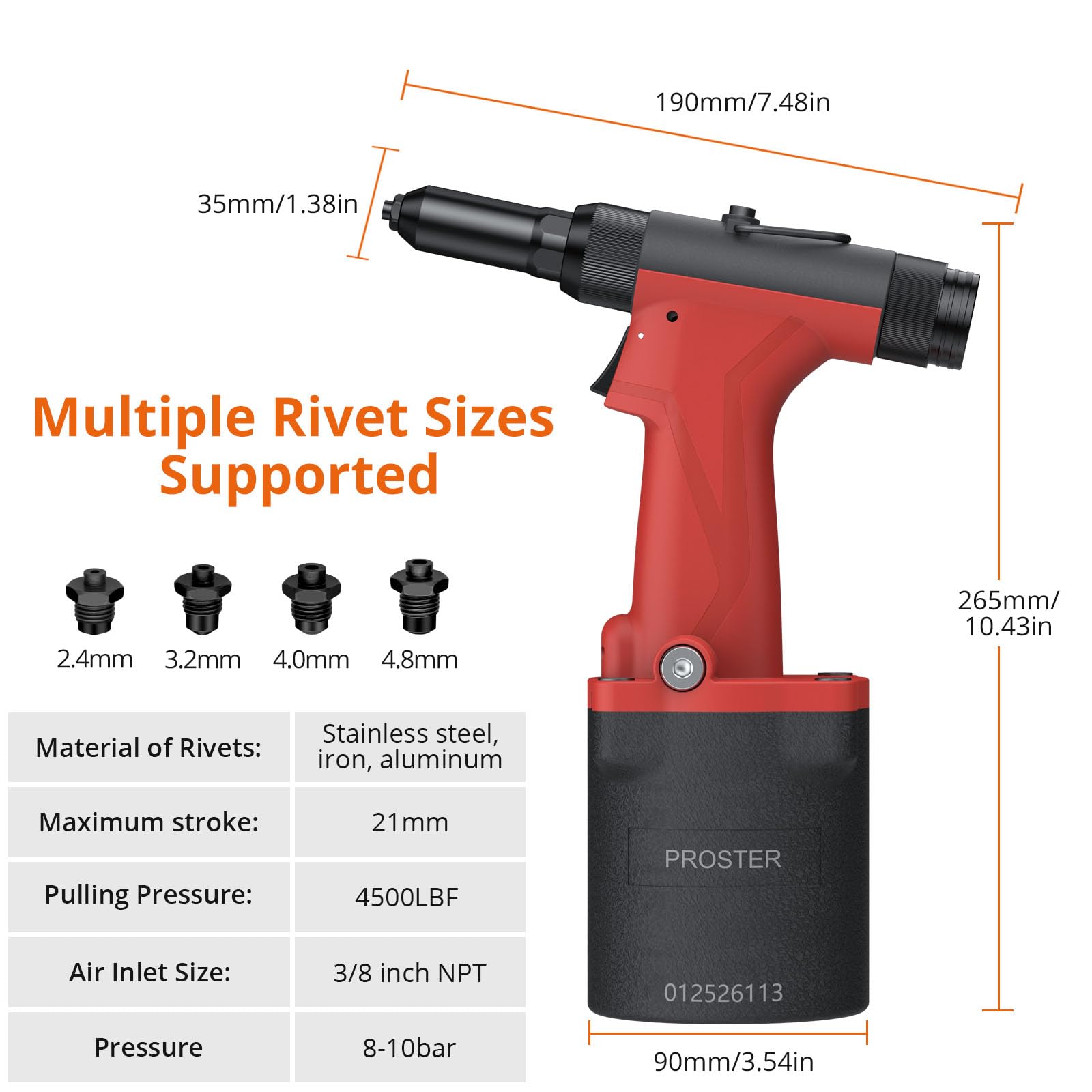 Proster Druckluft Nietzange - Schwerlast Aluminium Nietpistole für DIY, Auto, Boot & Werkstatt - Leicht, Ergonomisch, 360° drehbare Luftdüse, 4 Größen Rivet Köpfe（2.4-4.8mm）, Sammelbehälter