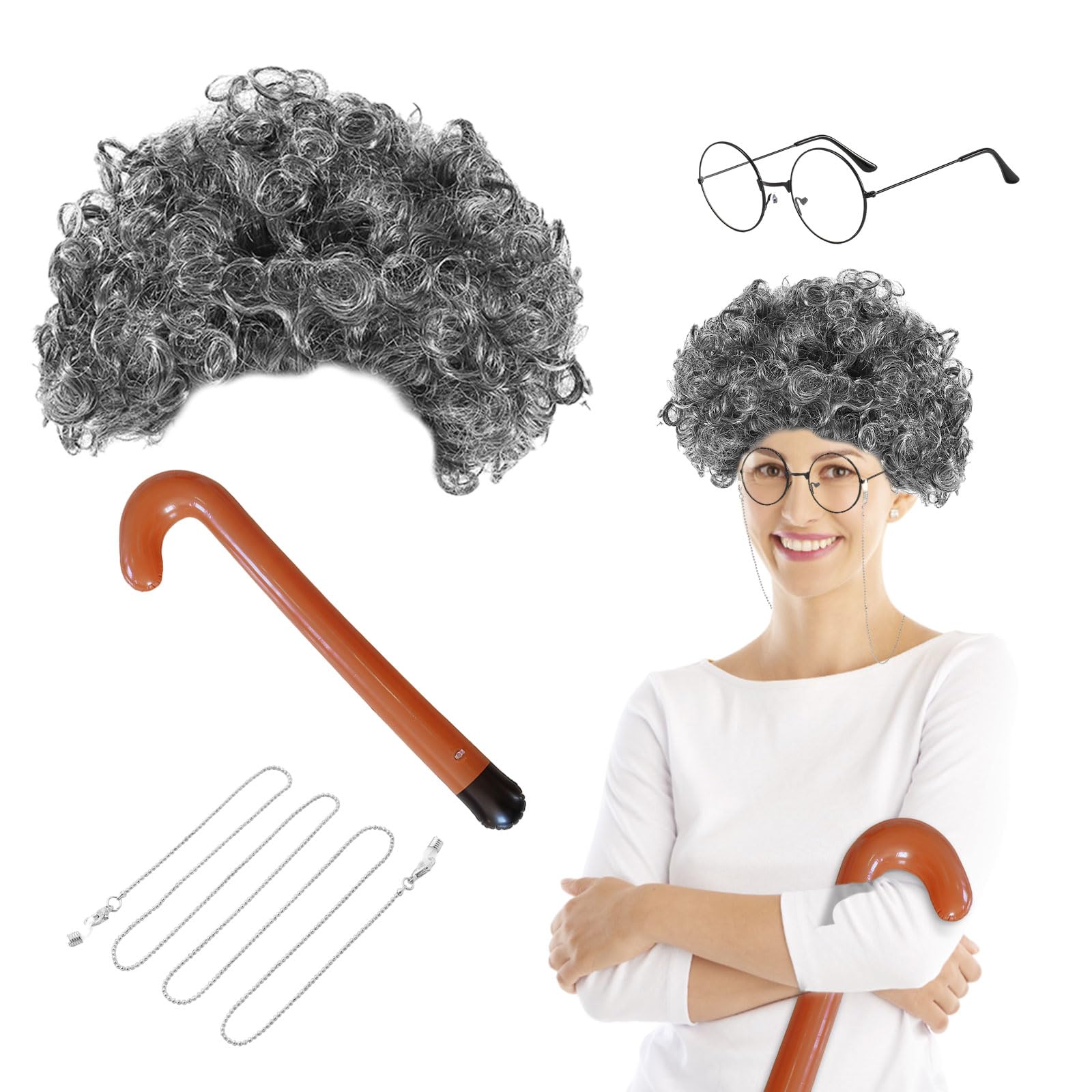 UILYNIU Grijze krullende pruik met bril Opblaasbare wandelstok, Grijze Afropruik voor vrouwen Kinderen, Oma Pruik Oma Pruik Oude Dame Pruiken voor Kostuum Accessoires Party Cosplay Festival (Grijs